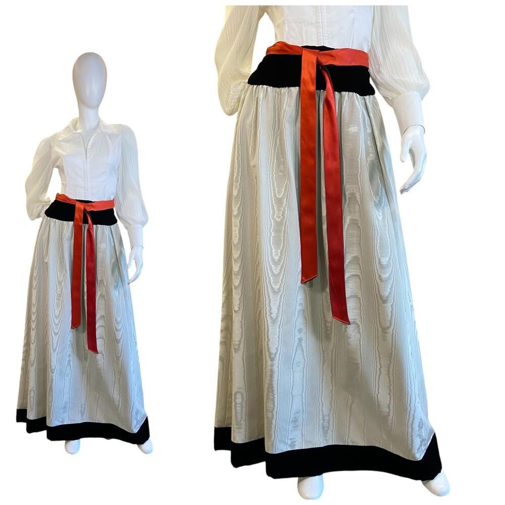 1970s Vintage Moire Faille Maxi Skirt Velvet Trim Statement Piece Size 11